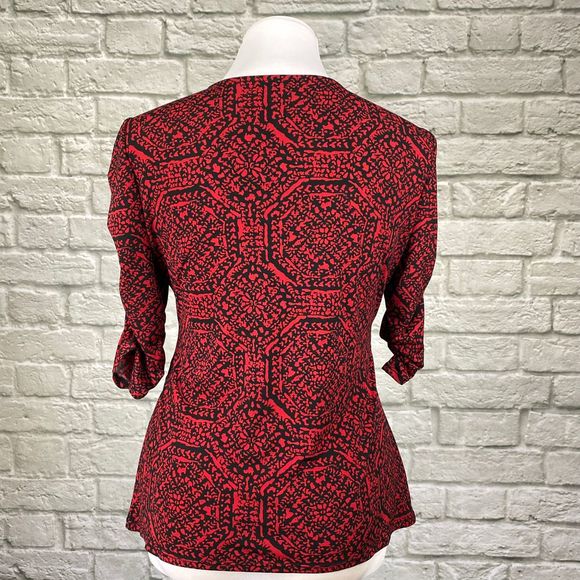 Alfani Red & Black Ruched Sleeve Stretch Top - Picture 4 of 5